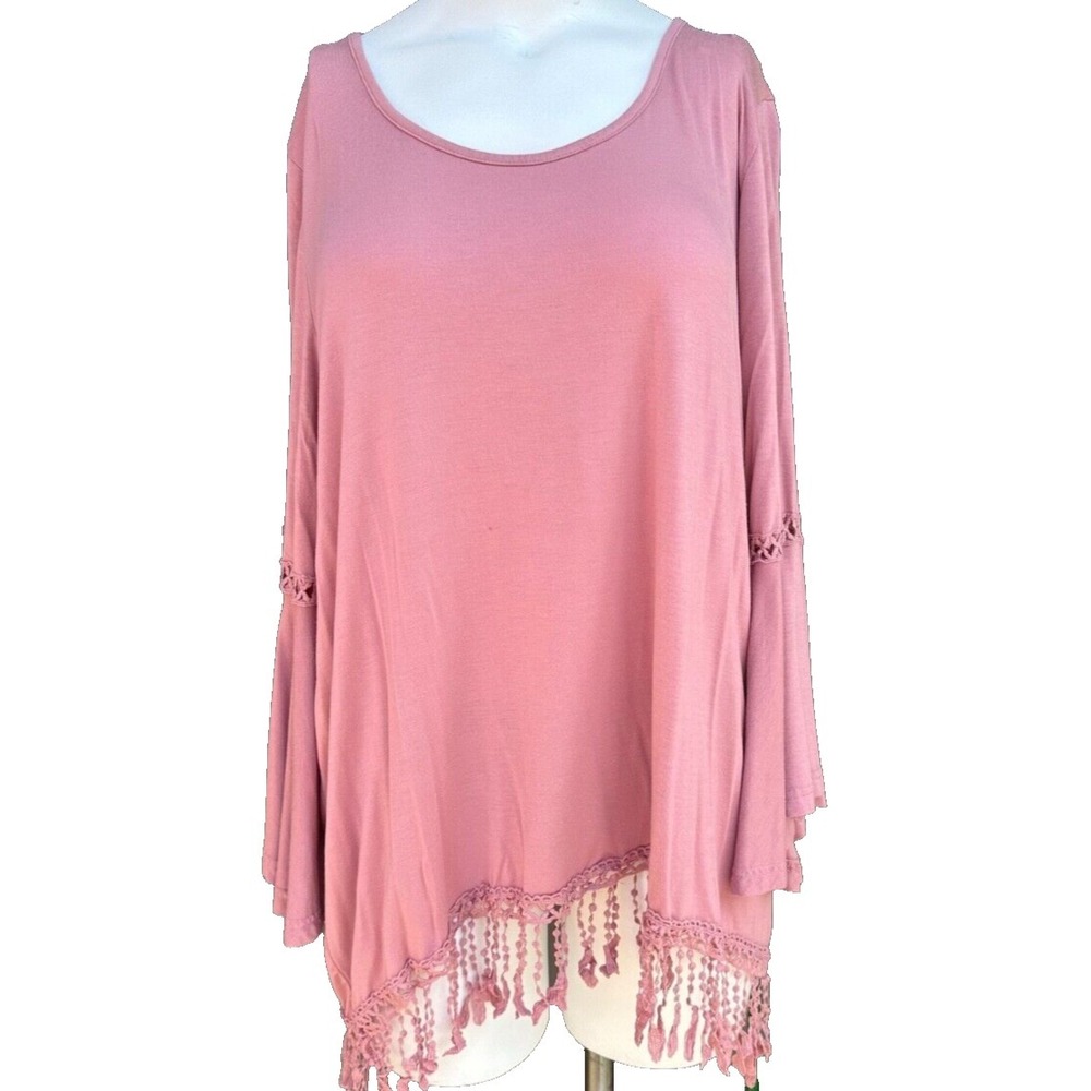 Stem & Vine Top 2X Mauve Bell Sleeve Crochet Fringe Fairy Festival Boho Chic